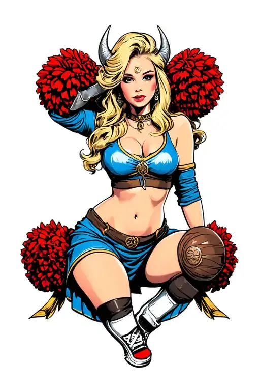 cheerleader viking blonde young woman posing in short skirt and low cut top showing cleavage tattoo design idea