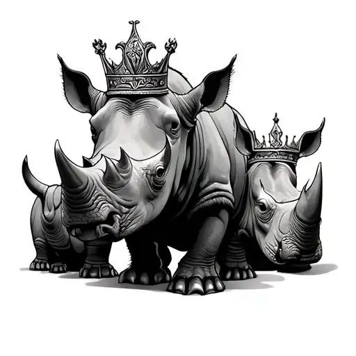 one male rhino and two female rhinos with crowns tattoo design idea