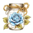 A blue rose inside a sealed mason jar wrapped in barbed wire tattoo design idea