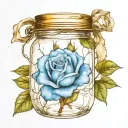 A blue rose inside a sealed mason jar wrapped in barbed wire tattoo design idea