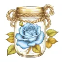 A blue rose inside a sealed mason jar wrapped in barbed wire tattoo design idea