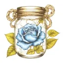 A blue rose inside a sealed mason jar wrapped in barbed wire tattoo design idea