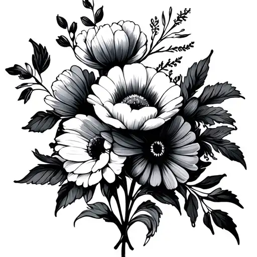 make tattoo stencil of a bouquet of the birth flowers:  august, september, October, april, january, February tattoo design idea
