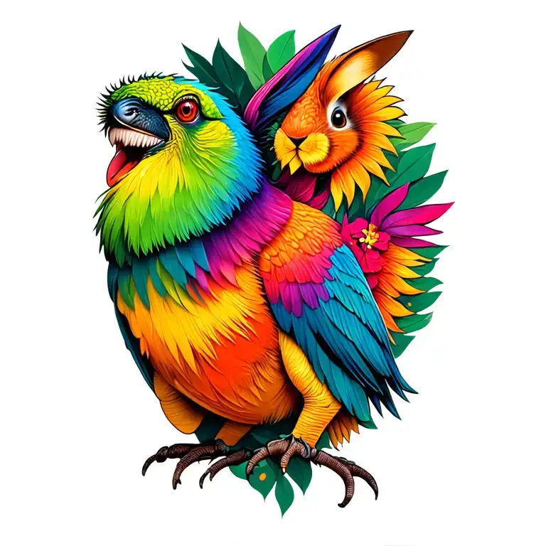 Rasta colored Bird, bunny and dinosaur tattoo design idea