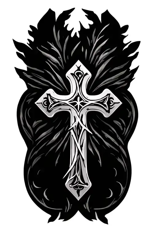 Central element - the cross: Imagine a narrow and elegantly drawn cross that completely in deep black tattoo design idea
