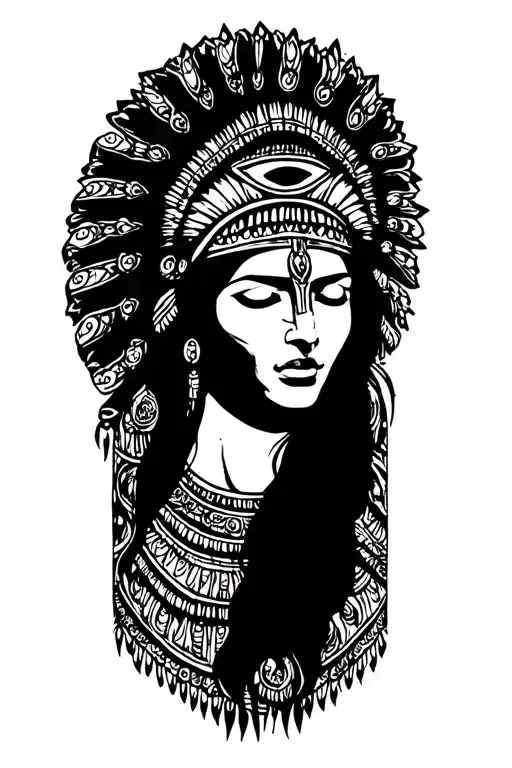 Indian woman with eyes closed mythology Maya Inca Third Eye tattoo design idea