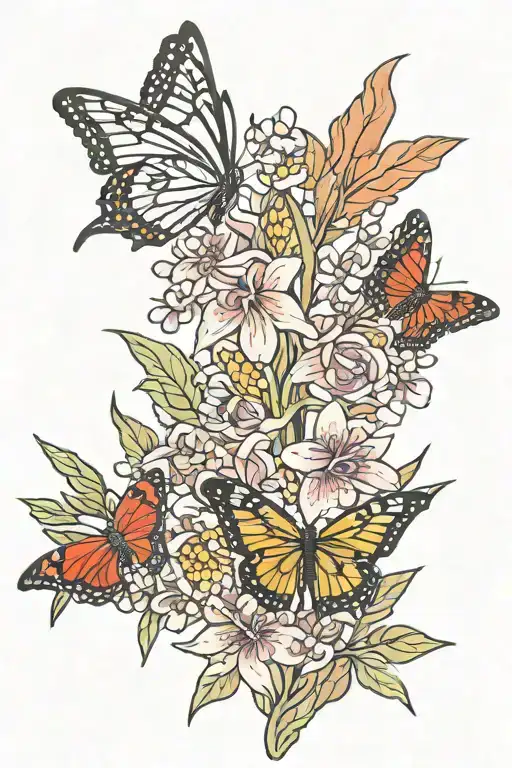 corn stalk, butterfly, lilac flower, cardinal tattoo design idea