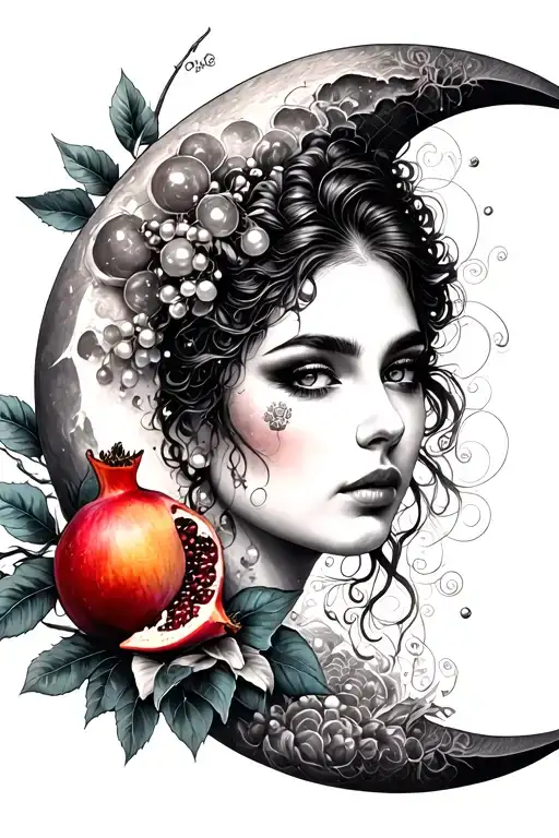 neo-traditional portrait mystic oracle, moon, pomegranates, pearls tattoo design idea