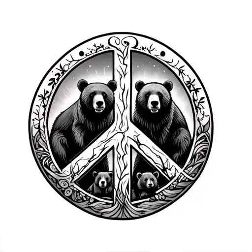 Peace sign with 2 adult bears and 3 bear cubs in the spaces tattoo design idea