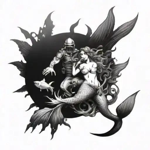 mermaid and diver exploring a shipwreck tattoo design idea