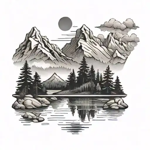 landscape mountain lake forest in background tattoo design idea