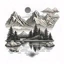 landscape mountain lake forest in background tattoo design idea