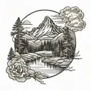 landscape mountain lake forest in background tattoo design idea