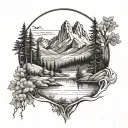 landscape mountain lake forest in background tattoo design idea