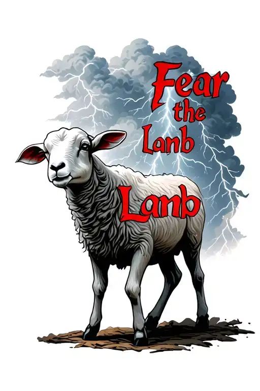 Fear the lamb text with red writing and clouds and thunder and lightning signify god wrath no picture of the lamb tattoo design idea