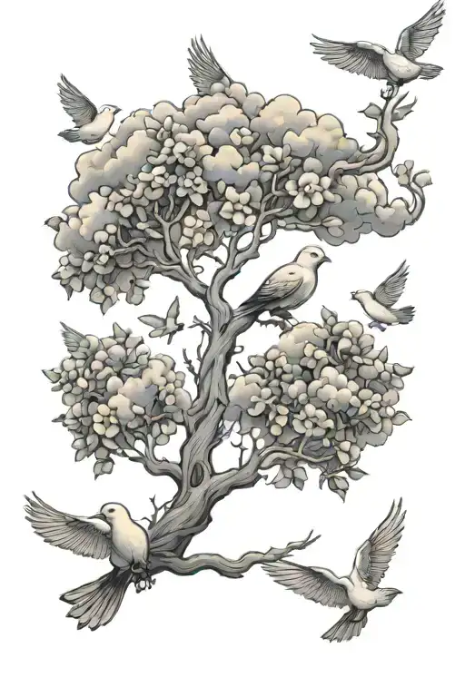 Poison tree with doves and clouds tattoo design idea