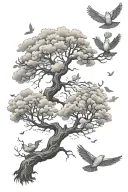 Poison tree with doves and clouds tattoo design idea