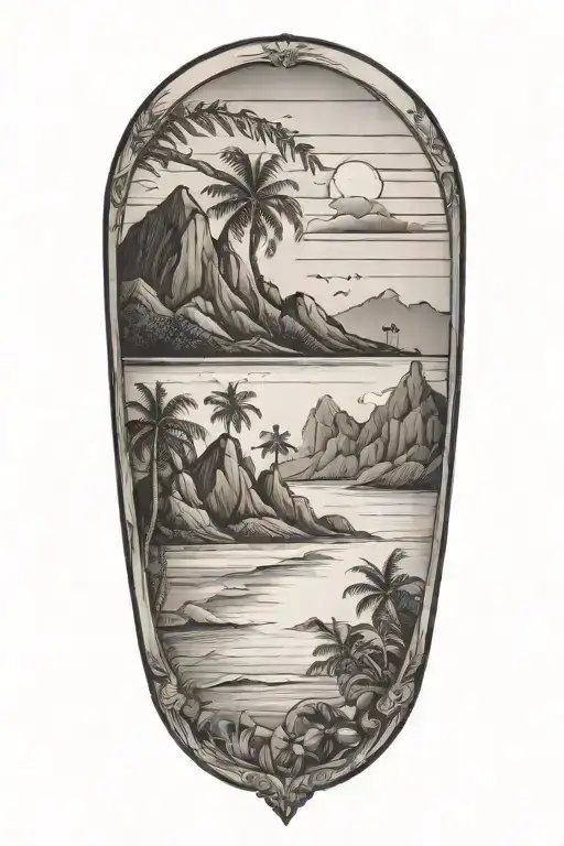 a small fancy bar on a tropical beach with mountains  tattoo design idea