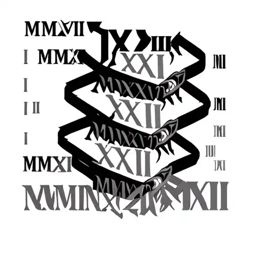III III MMXVIIII XXI MMXIXV XIX MMXXV XVI MMXXII stack each date on top of each other, no border, only roman numerals tattoo design idea