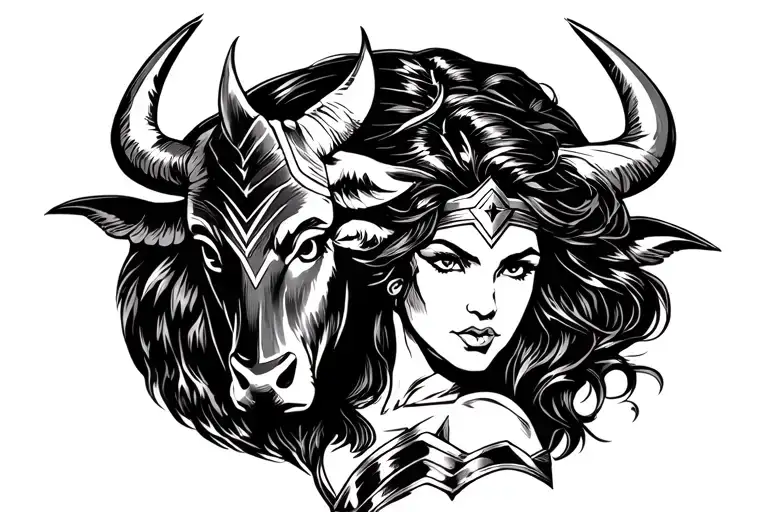 a black tattoo on the forearm referring to the zodiac sign of the bull with the symbol of Wonder Woman from DC Comics in tattoo design idea