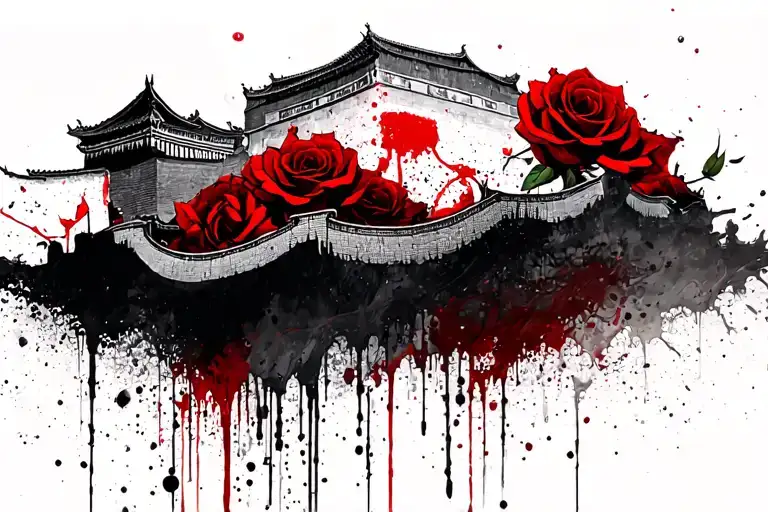 nudity, rose, blood, great wall of china, cross tattoo design idea