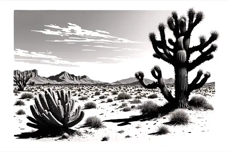 Joshua tree desert horizon with prickly pear cactus tattoo design idea