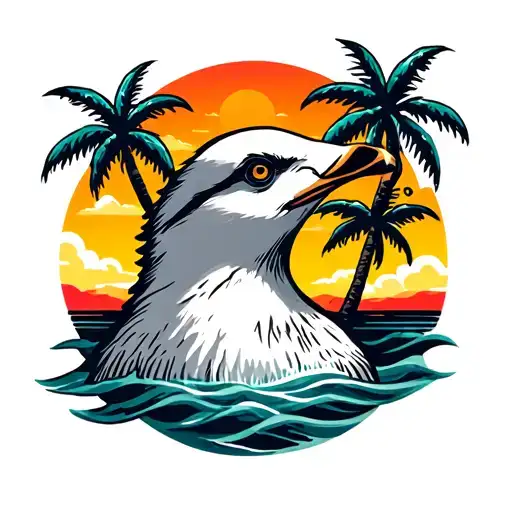loud seagull head with palm trees colors sunset tattoo design idea