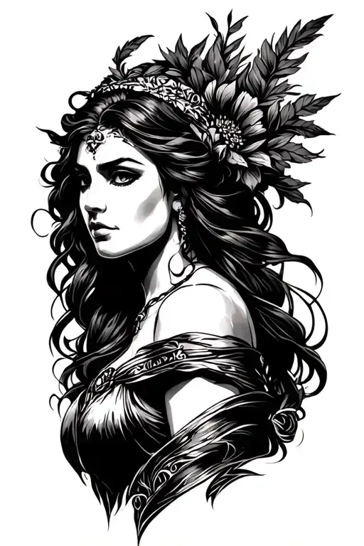 A black and white tattoo stencil design of a fierce yet elegant woman inspired by Delilah from the biblical story. She i tattoo design idea