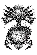 tribal design including army elements, tree of life, dna strand, goddess sun and moon in cente, dragon, hawaiian islands tattoo design idea