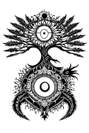 tribal design including army elements, tree of life, dna strand, goddess sun and moon in cente, dragon, hawaiian islands tattoo design idea