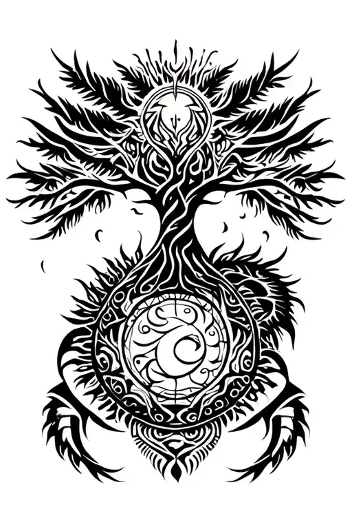 tribal design including army elements, tree of life, dna strand, goddess sun and moon in cente, dragon, hawaiian islands tattoo design idea