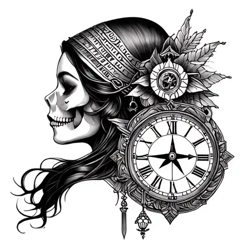 Memento Mori woman tattoo with Egyptian clock and compass and balance tattoo design idea