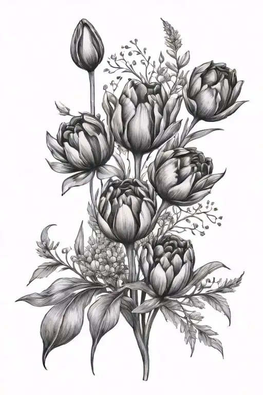 tulips, lavender, dandelion no leaves intertwined tattoo design idea