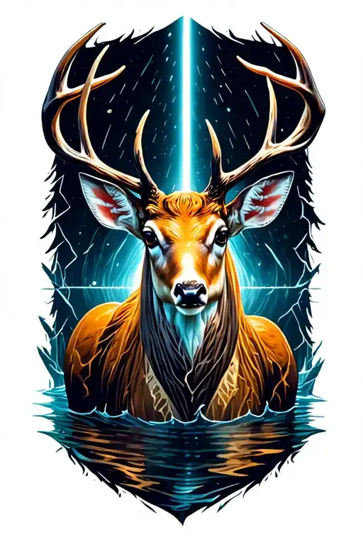 Realistic humanoid deer in dark water, cosmic cracks on body, head down, light beam, sacred geometry. tattoo design idea