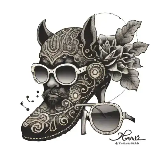 An intricate tattoo design inspired by iconic movie scenes, incorporating elements of fashion such as high heels and sunglasses, with a subtle nod to Kanye West's style tattoo design idea