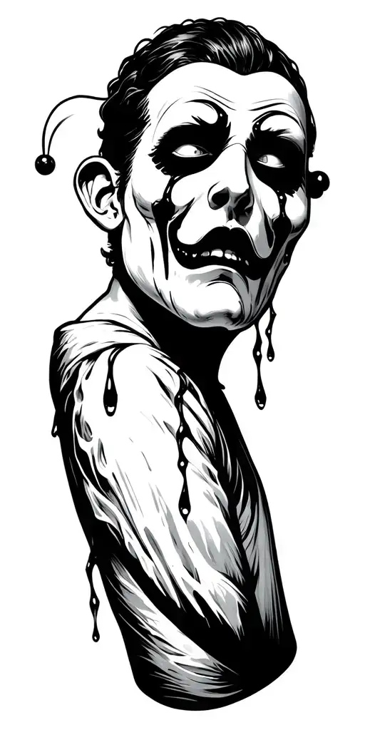 The jester takes off his mask, revealing a sad face with tears streaming down it. tattoo design idea