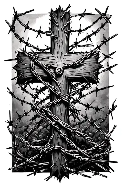 cross wrapped in barbed wire tattoo design idea