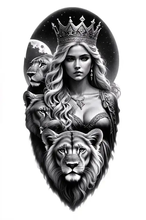 black & grey realism- beautiful greek goddess with light color hair, wearing crown, 2 lion cubs and moon tattoo design idea