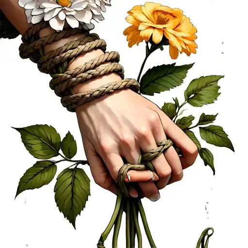 slave girl hands holding flowers and wrists wrapped in Shibari rope tattoo design idea