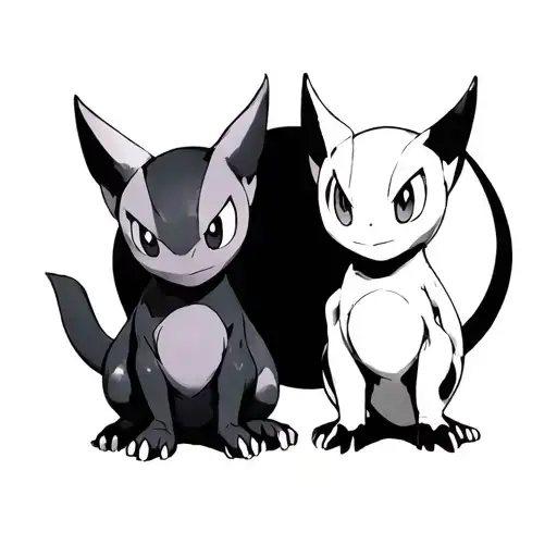 Mewtwo and Mew with a black circle around them, but they have the face of ditto tattoo design idea
