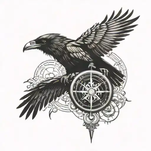 Black raven on a viking's head and a vegvisir compass tattoo design idea