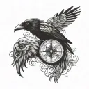Black raven on a viking's head and a vegvisir compass tattoo design idea