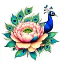 peacock inside peony flower with peacock tail feathers as some of the peony petals  tattoo design idea