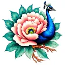 peacock inside peony flower with peacock tail feathers as some of the peony petals  tattoo design idea