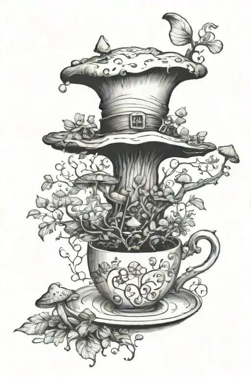 A surreal scene of a coffee tree sprouting magical mushrooms inspired by the Mad Hatter's hat, symbolizing the different roles of a mother tattoo design idea