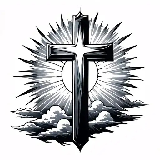 cross with clouds and sun rays tattoo design idea