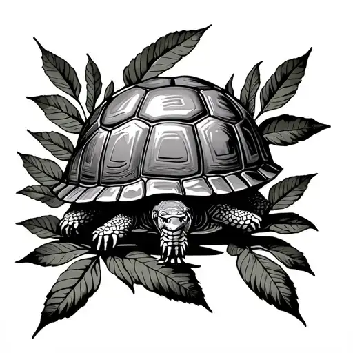 minimalist rear arm tattoo, bay leaf surrounds the arm with a tortoise in horror tattoo design idea