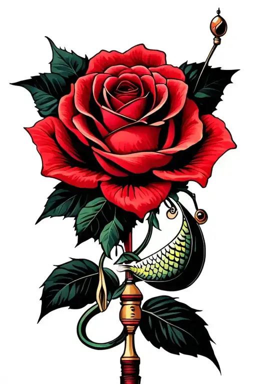 fishing pole with a red rose wrapped around it tattoo design idea