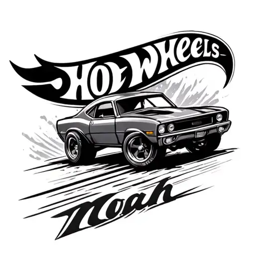 the name Noah with a hot wheels car tattoo design idea