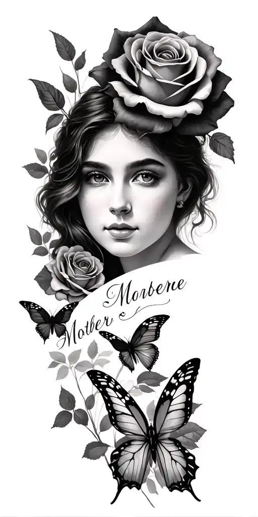 mothers name ,and roses with butterflies tattoo design idea